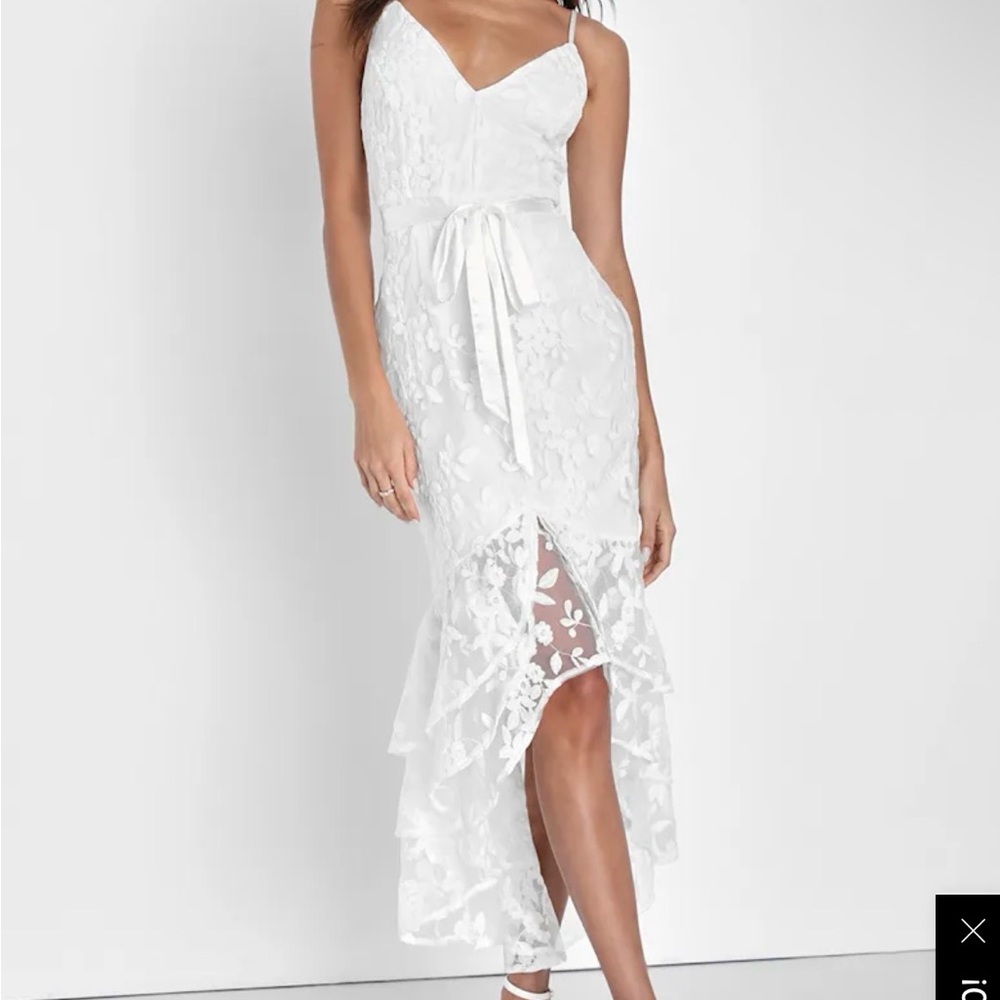 Forever Fanciful White Lace High-Low Slip Dress with Tie Waist